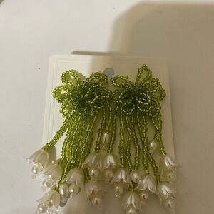 Handmade Beaded Floral Fringe Earrings in Lime Green and Pearl